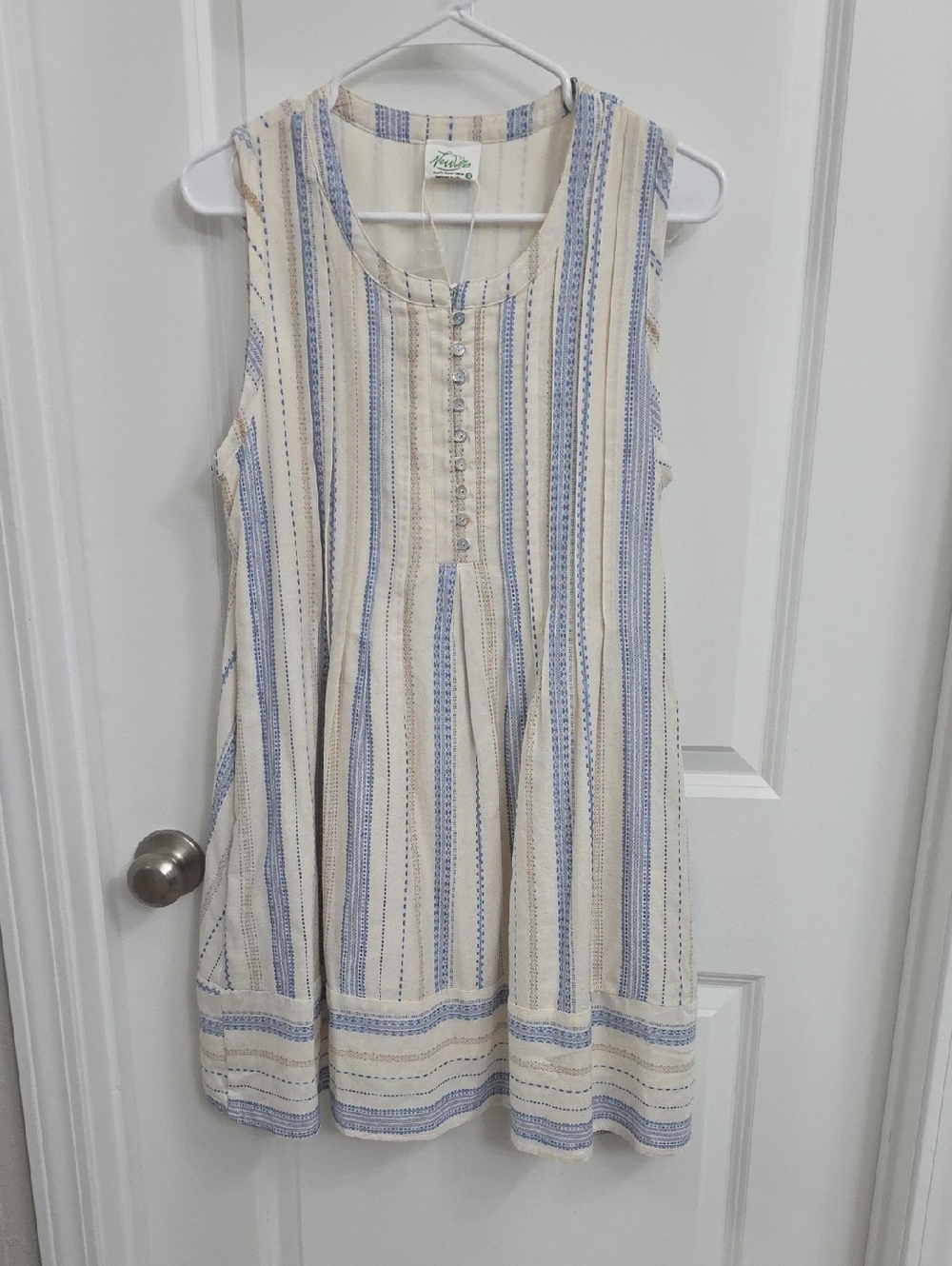 Very J Cream and Light Blue Striped Sleeveless Dress
